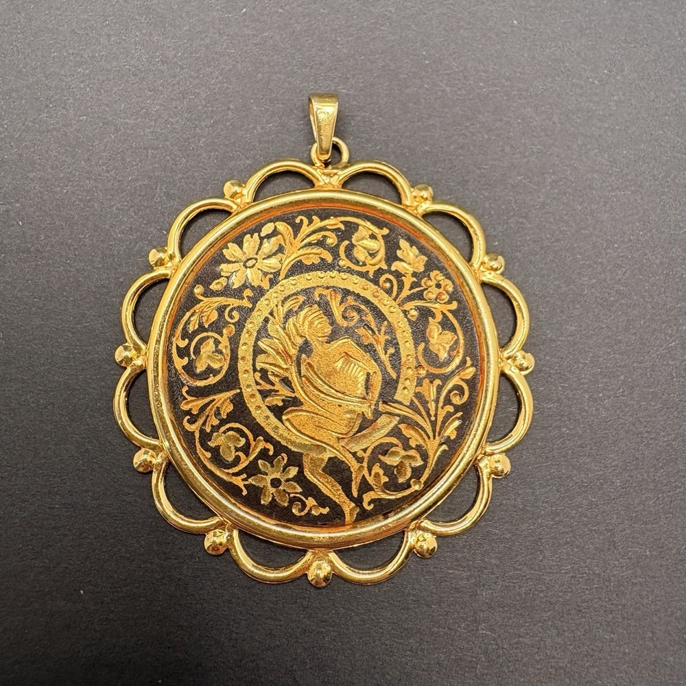 Vintage Damascene Pendant Renaissance Style Floral Scroll Scallop Edge 1.75"